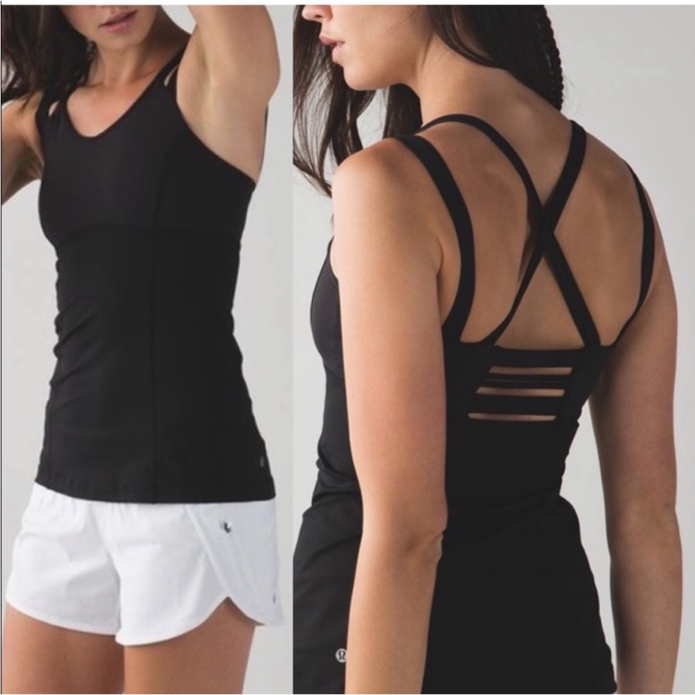Lululemon Happy Strappy Black Workout top and Camo Leggings Set